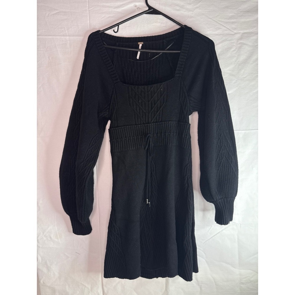 Free People Black Cable Knit Square Neck Long Sleeve Sweater Dress Mini Size S